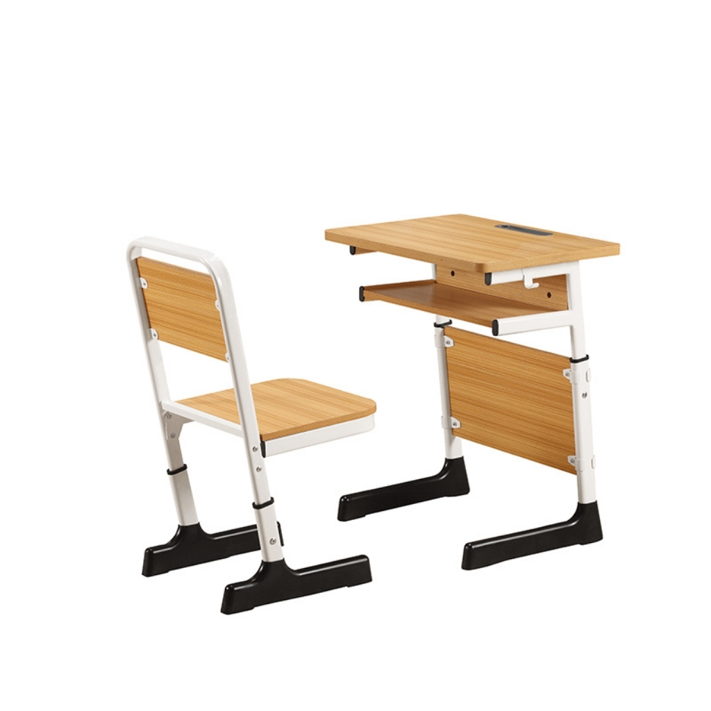 W19 Wooden student desks and chairs with pen holders