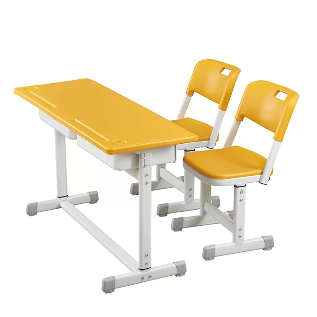 W38 PP plastic double person desk and chair with anti slip pads