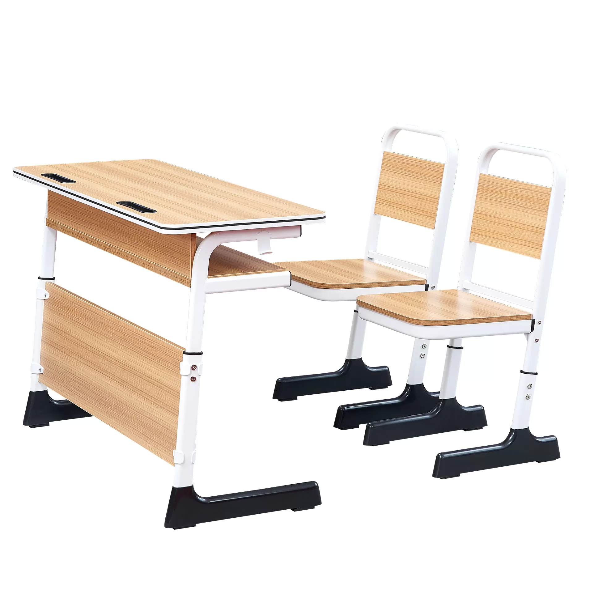 WK19-2 Wooden double-person desk and chair with a front panel and pen slot